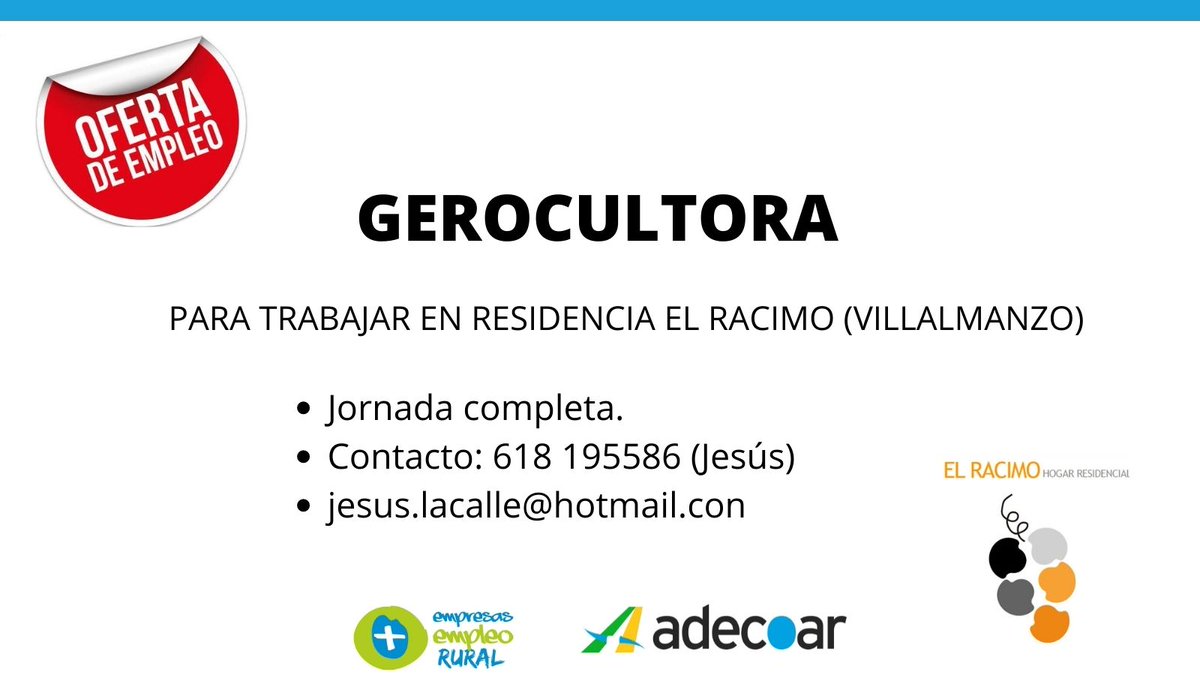adecoar_arlanza's tweet photo. 📢📢📢 OFERTA DE EMPLEO‼️
Residencia de mayores #elracimo en #villalmanzo necesita #gerocultora @empresasempleo @emprenderural @sodebur @VILLALMANZO @AYTOLERMA #empleo https://t.co/IYyuUfrw5R