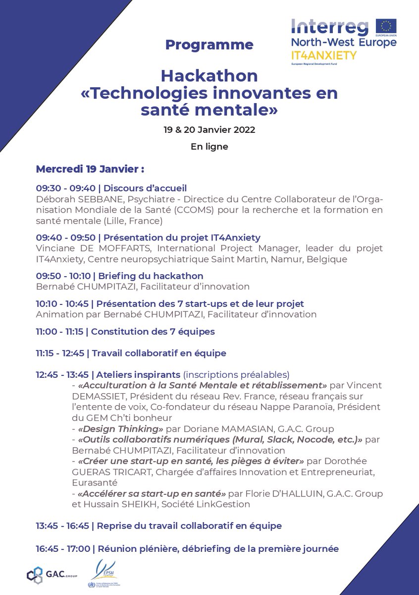 it4anxiety's tweet photo. 🚨#FrenchHackathon
Find here below the programme⬇️
It's not late to join!
Don't miss the inspiring #workshops this afternoon 🎉
#IT4Anxiety #Innovation #technology #MentalHealth #EmentalHealth #startup #Designthinking
@INTERREG_NWE https://t.co/O18xFLt7OR