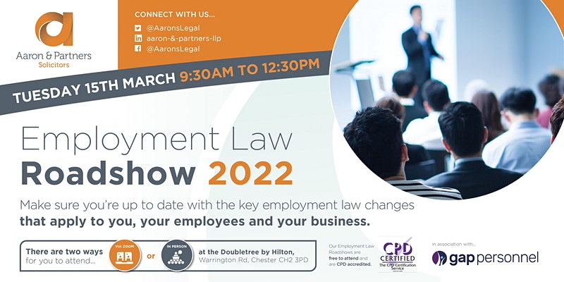 AaronsLegal's tweet photo. Our roadshow is...

✅ FREE to attend
✅ #CPD accredited
✅ In person at Doubletree by Hilton Chester, or live streamed by @PicHouse_Films via Zoom

Book your ticket here: https://t.co/f4zdvyK4nG
#HRUpdate #HR #employmentlaw #employment https://t.co/WrbfpNfdZJ
