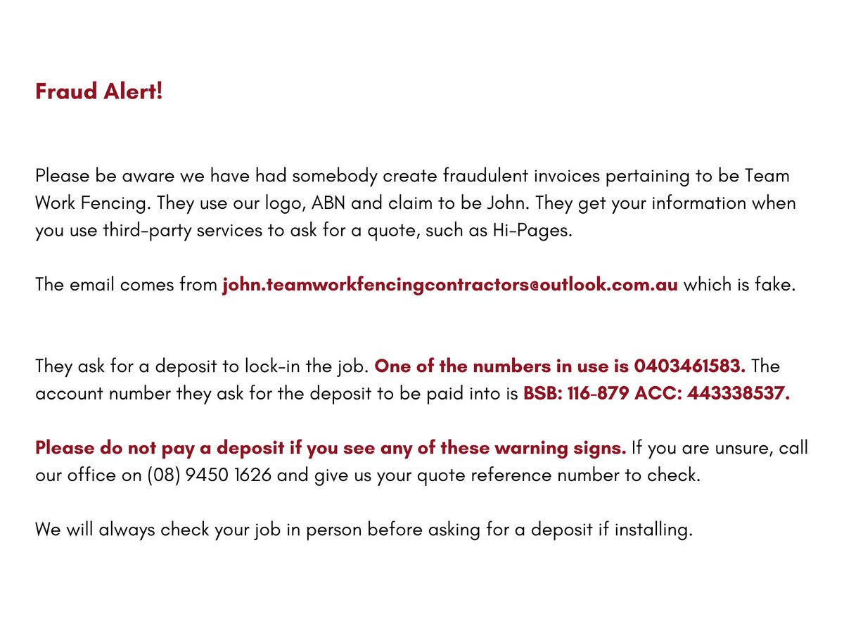 TeamWorkFencing's tweet image. Fraud Alert! Please notify us if you have been contacted by anyone pretending to represent Team Work Fencing Contractors and demanding payment.