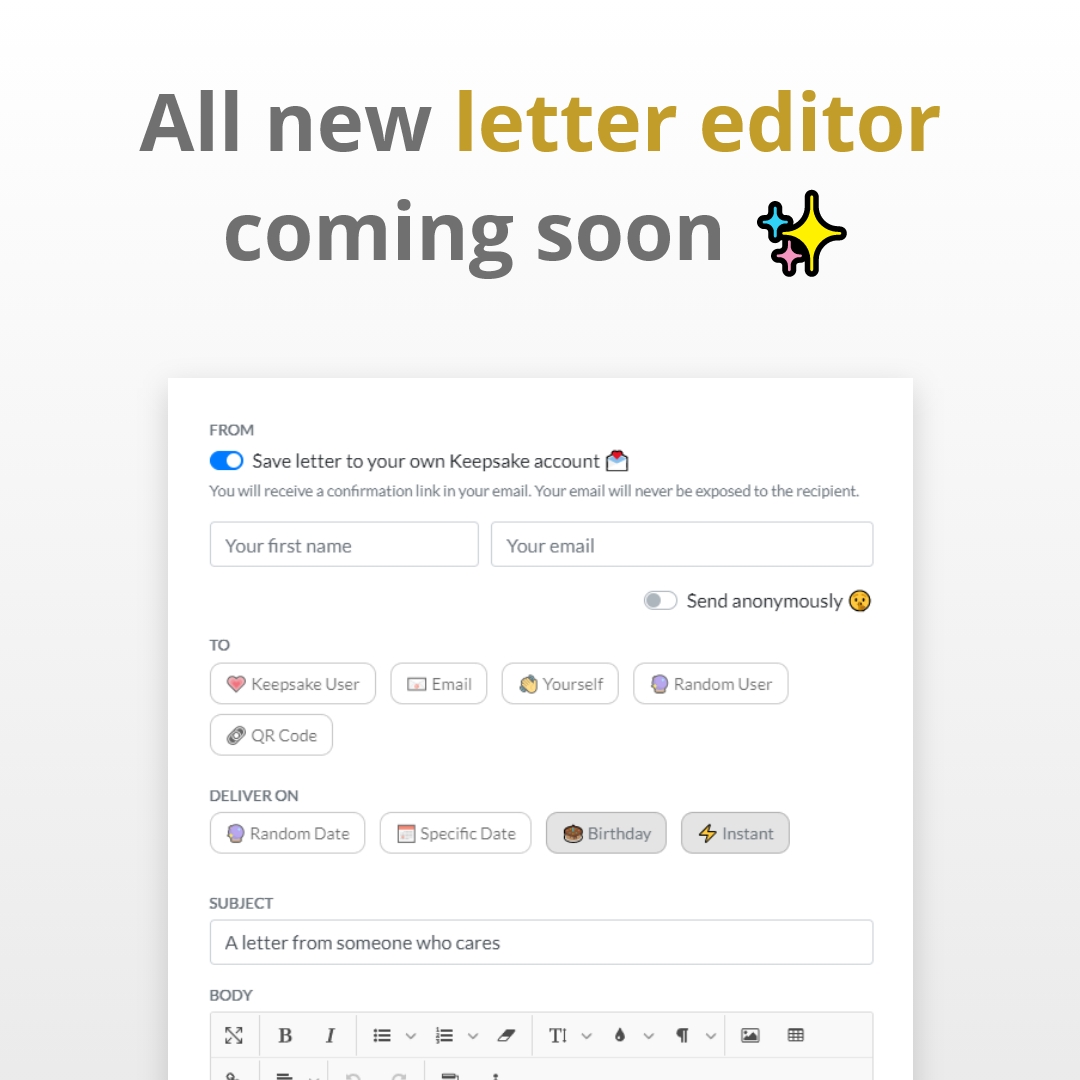 keepsakeletter's tweet photo. Say hello to the new letter editor... coming soon! ✨

We've heard your feedback and fixed a lot of stuff in the process. After months of work, the new and improved Keepsake is launching soon! 🙌

Stay tuned!
(follow us to stay updated, you won't regret it) https://t.co/8IeF1HnWMR