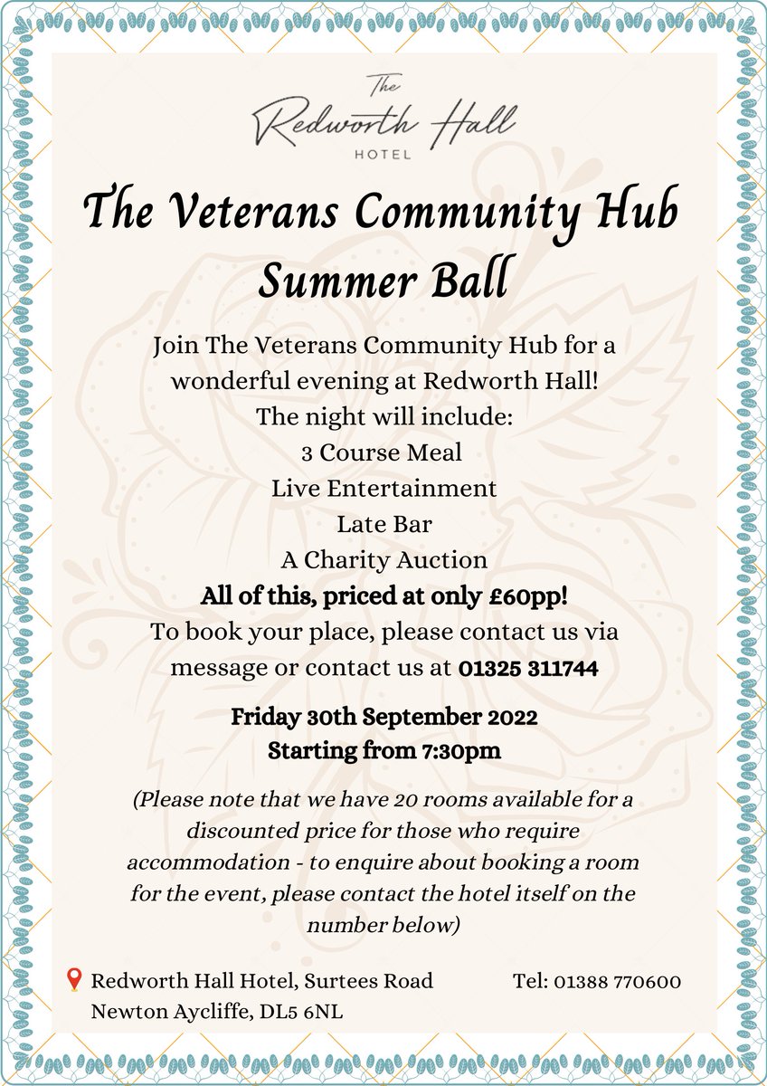 The_VeteransHub's tweet photo. Join us for The Veterans Hub Summer Ball on 30th September! The event will begin at 7:30pm and will include a 3 course meal, live entertainment, late bar and a charity auction. Get your tickets to this exciting event by messaging us on Facebook or by scanning the QR code below. https://t.co/9hf3pcXWsJ