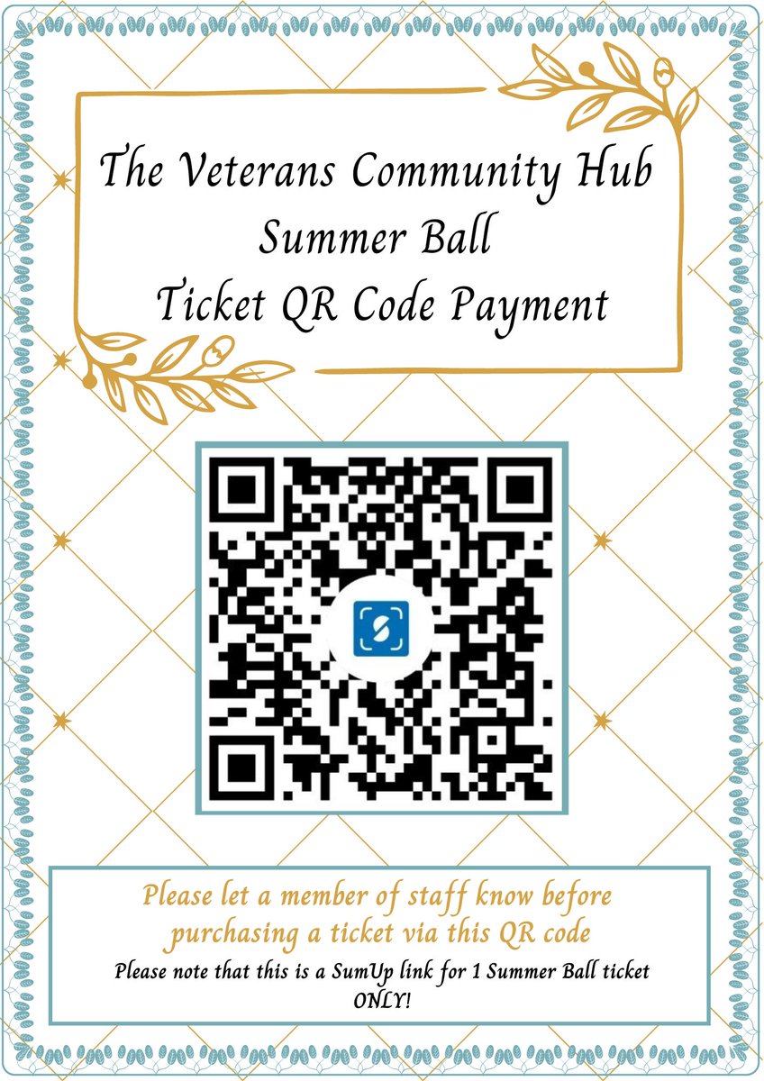 Join us for The Veterans Hub Summer Ball on 30th September! The event will begin at 7:30pm and will include a 3 course meal, live entertainment, late bar and a charity auction. Get your tickets to this exciting event by messaging us on Facebook or by scanning the QR code below.