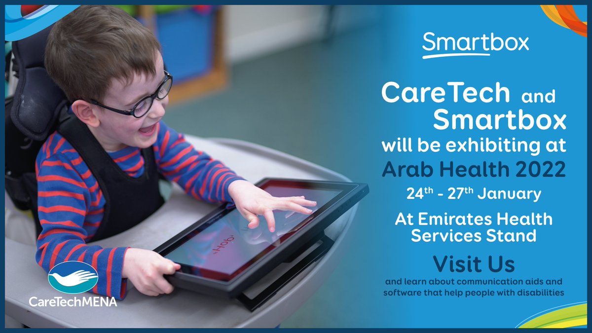 We are proud to participate at the Emirates Health Services stand at @Arab_Health Exhibition 2022. Presenting <a href="/caretech/">CareTech</a>'s <a href="/ThinkSmartbox/">Smartbox</a> #AssistiveTechnology. 
Watch live demos, learn about latest in tech and meet <a href="/EmmaHSmartbox/">Emma Smartbox</a> <a href="/smartboxnick/">Nick Ward</a>
 #AugComm #AAC #ArabHealth2022