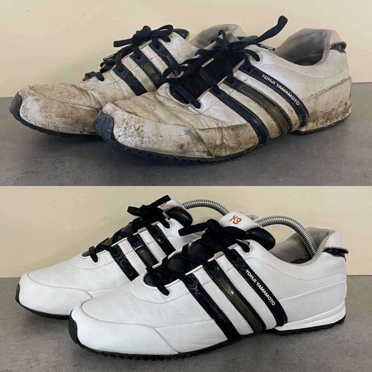 FreshKicksSL's tweet photo. These old Y-3 trainers were done. Filthy, scuffed, scratched &amp; the heel was so worn they were barely useable.

After a premium clean, we began the task of building up the heel, reapplying a new outsole, then finally repainted all of the leather work,
bringing them back to life! https://t.co/eEDaoSWq05