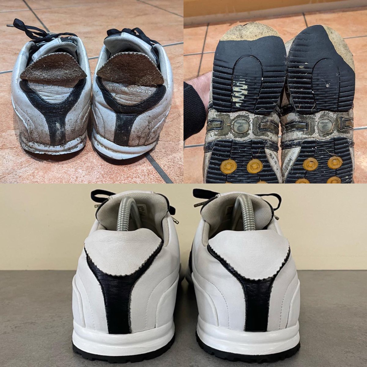 FreshKicksSL's tweet photo. These old Y-3 trainers were done. Filthy, scuffed, scratched &amp; the heel was so worn they were barely useable.

After a premium clean, we began the task of building up the heel, reapplying a new outsole, then finally repainted all of the leather work,
bringing them back to life! https://t.co/eEDaoSWq05