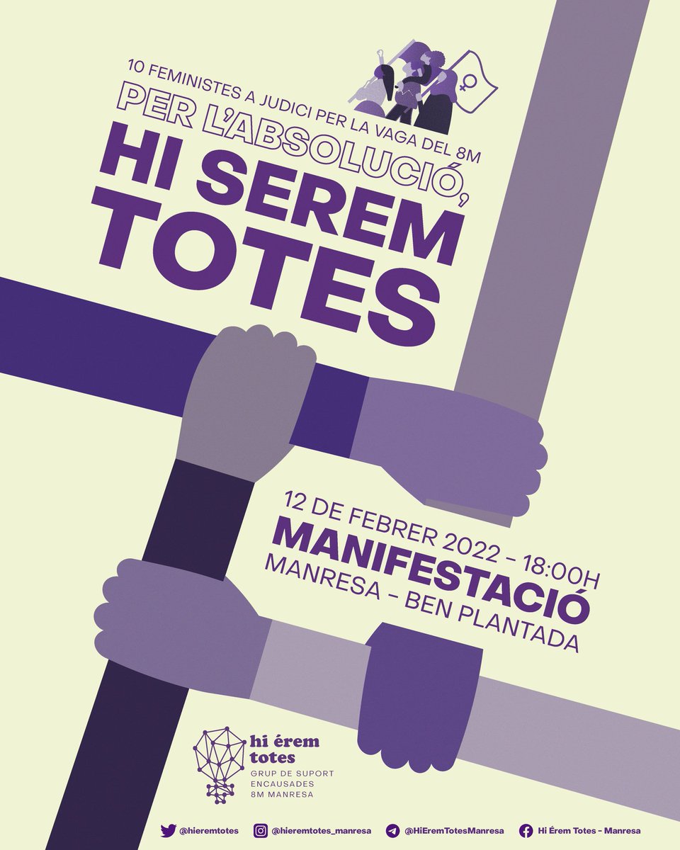 🟣 19 anys i 6 mesos de presó i 23.000€ de multa per la vaga del #8M del 2019? 🟣

📅 El #12F, sortim als carrers per l'absolució de les 10 companyes encausades.

✊ Contra la repressió al feminisme anticapitalista, #HiSeremTotes! ♀️

📍 #Manresa - Ben Plantada
🕡 18H