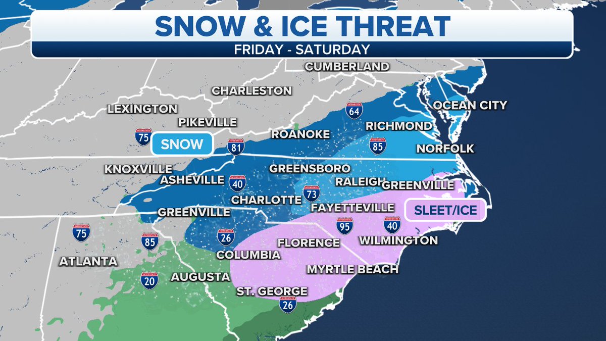 JaniceDean's tweet photo. Another busy map with dangerous wind chills across the Northern Plains, the risk for strong to severe storms for the South, another blast of snow and ice for the Southeast MidAtlantic and the threat of another Nor'Easter this weekend. #Herewegoagain! Please stay #weatheready. https://t.co/wQppjatRUY