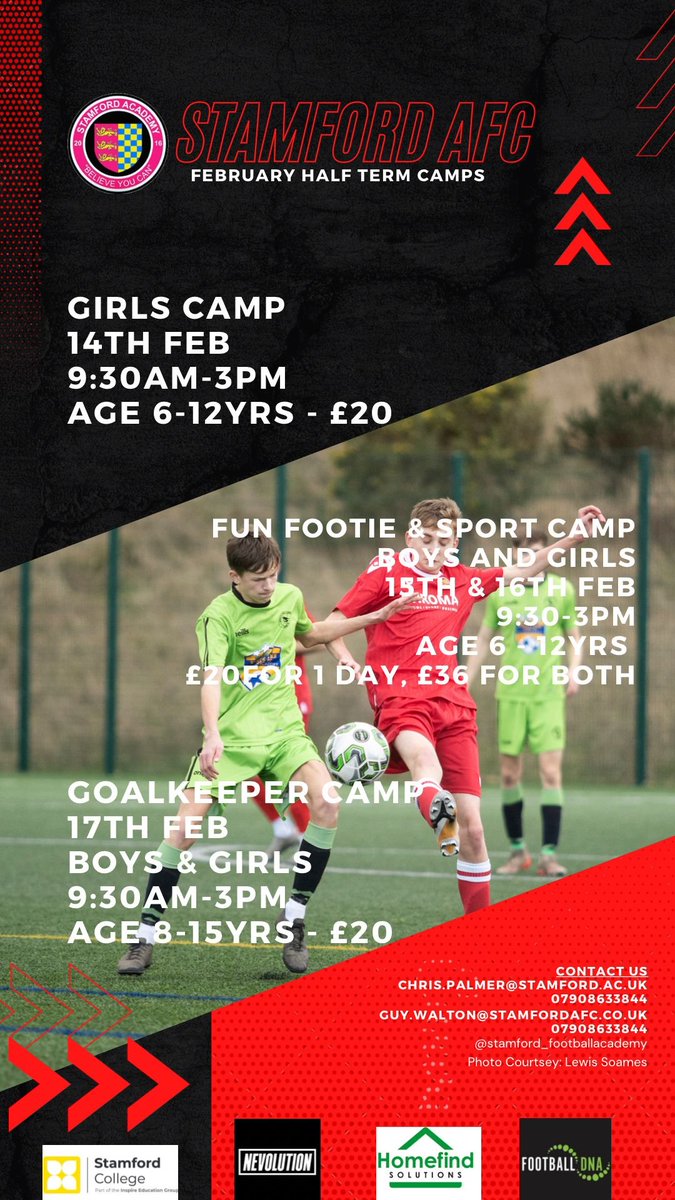 Fun Sport Camps <a href="/StamfordAFC1896/">Stamford AFC</a> during Feb half term <a href="/TheYoungDaniels/">Stamford AFC Young Daniels</a> <a href="/RutSocialMedia/">Rutland Social Media</a> @Mercury_JamesB <a href="/chris18palmer/">Chris Palmer</a> 

These camps are booking up fast not many places left on the Tues and Weds