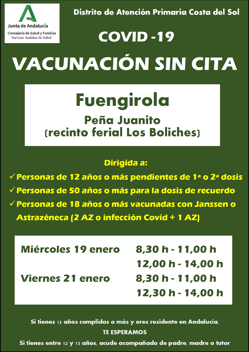DSAPCostadelSol's tweet photo. Ahora mismo estamos vacunando sin cita previa en la peña Juanito, en el recinto ferial de Los Boliches, en @fuengirola a los mayores de 46 años. Repetiremos el viernes y el domingo. Te esperamos. https://t.co/qnSUKZCKke