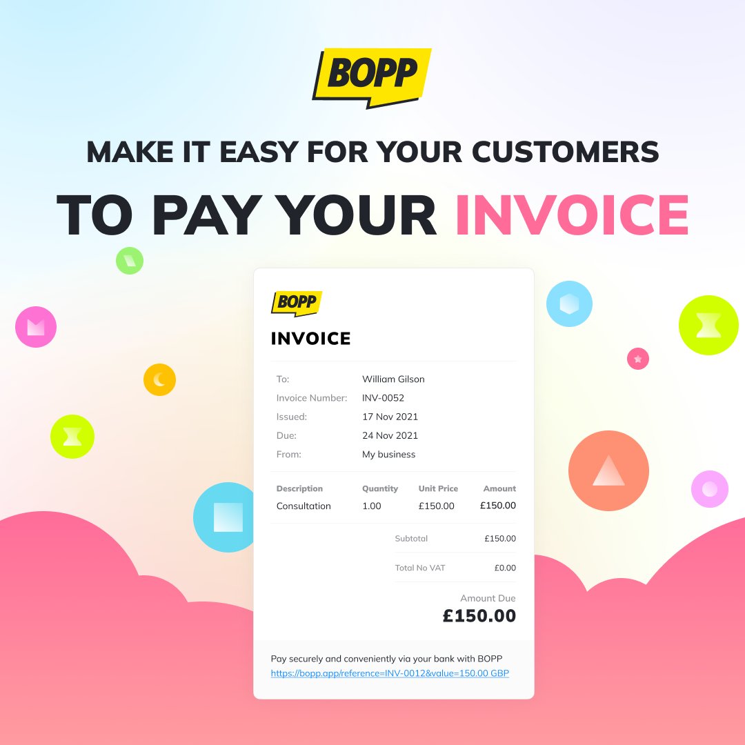 BoppPayments's tweet photo. Managing invoices can be a pain. Add BOPP Paylink to your invoices and provide an easy way for customers to pay you. With BOPP, your customers simply click on your Paylink and seamlessly authenticate the payment at their bank. Payments arrive in your bank account in seconds. https://t.co/Pk04WMMLl7