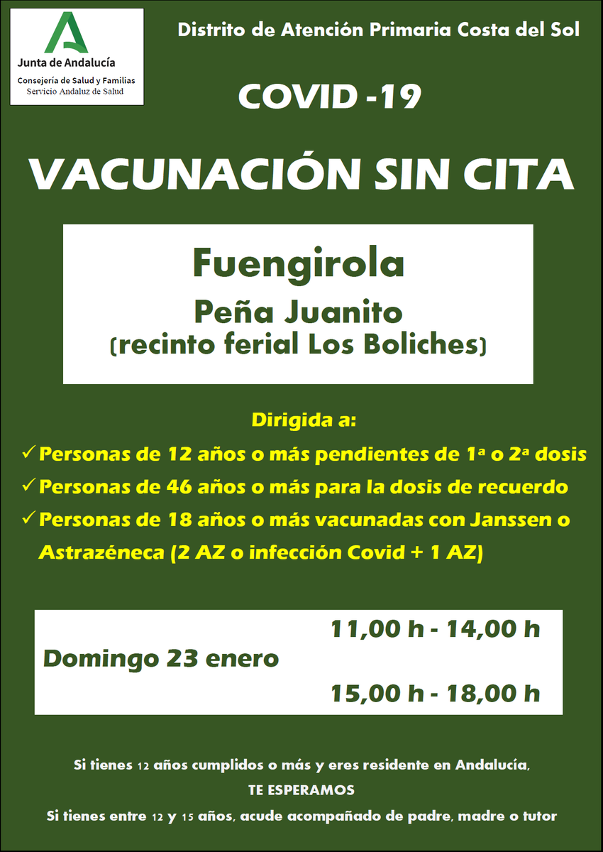 DSAPCostadelSol's tweet photo. Ahora mismo estamos vacunando sin cita previa en la peña Juanito, en el recinto ferial de Los Boliches, en @fuengirola a los mayores de 46 años. Repetiremos el viernes y el domingo. Te esperamos. https://t.co/qnSUKZCKke