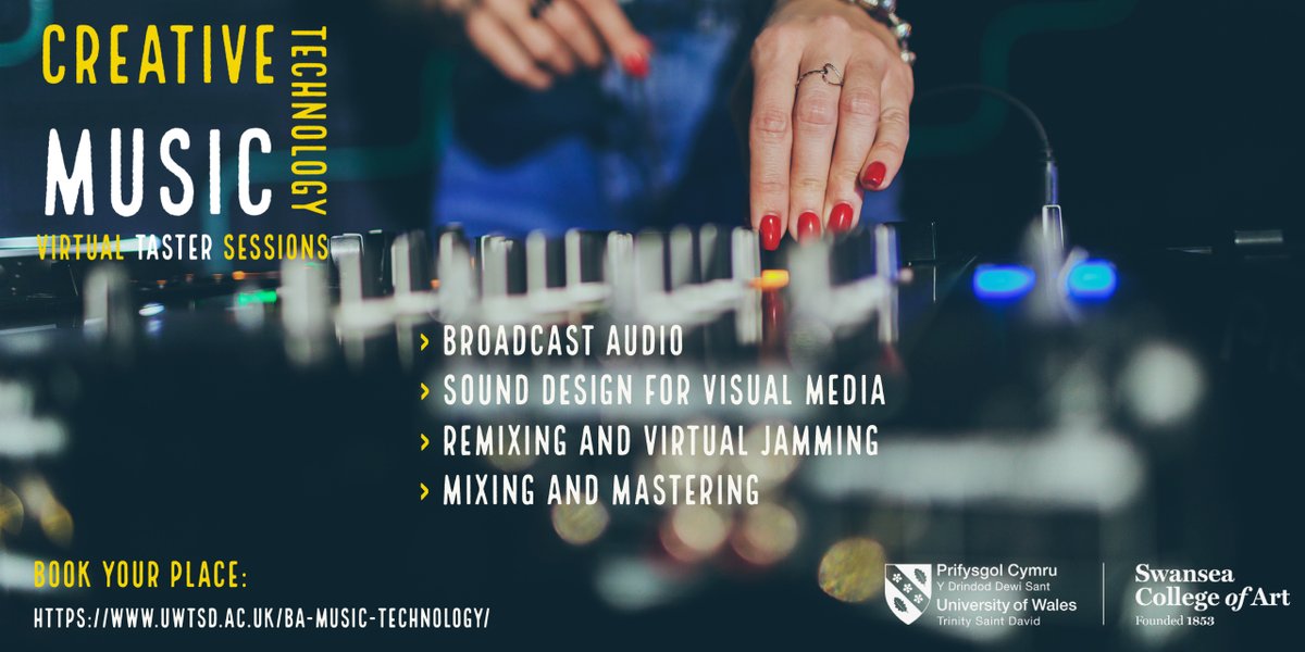 Swansea College of Art UWTSD (@artswansea) on Twitter photo Interested in studying on our BA Creative Music Technology
Register your interest for our next taster sessions👇
-Broadcast Audio
-Sound design for Visual Media
-Remixing & Virtual Jamming
-Mixing & Mastering
uwtsd.ac.uk/visitus/online…
<a href="/StudyUWTSD/">Study with UWTSD</a> <a href="/UWTSD/">University of Wales Trinity Saint David</a> <a href="/CUwtsd/">Creative Music Technology at UWTSD</a> Interested in studying on our BA Creative Music Technology
Register your interest for our next taster sessions👇
-Broadcast Audio
-Sound design for Visual Media
-Remixing & Virtual Jamming
-Mixing & Mastering
uwtsd.ac.uk/visitus/online…
<a href="/StudyUWTSD/">Study with UWTSD</a> <a href="/UWTSD/">University of Wales Trinity Saint David</a> <a href="/CUwtsd/">Creative Music Technology at UWTSD</a>