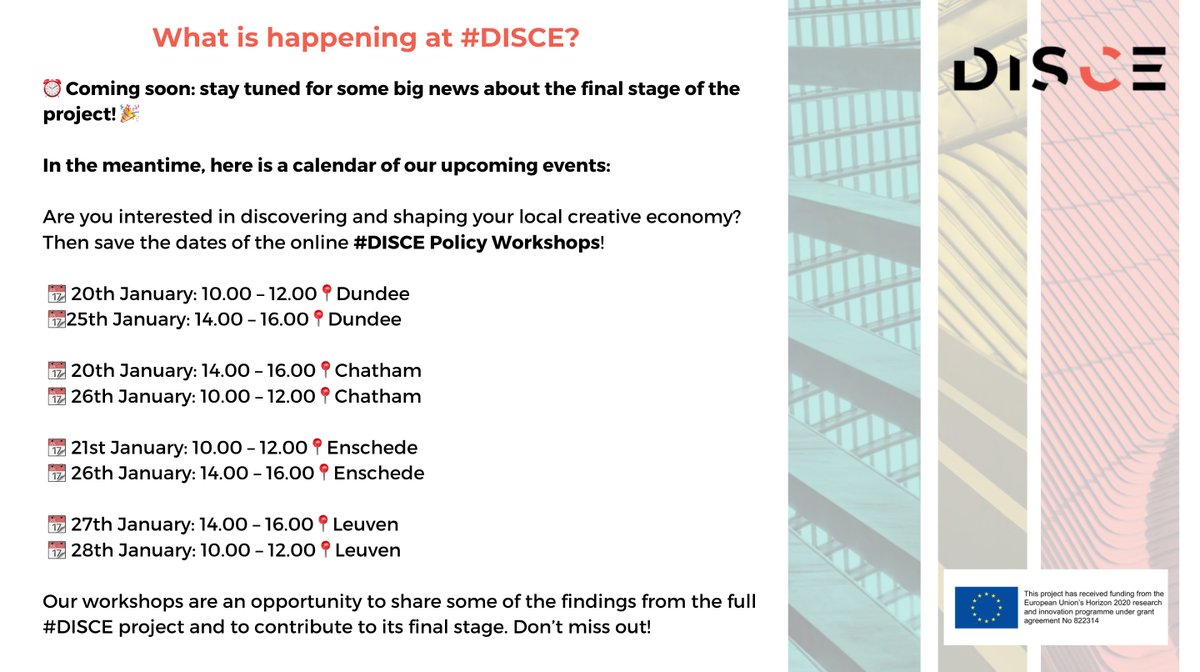 DISCE_EU's tweet photo. ⏰Stay tuned for some big news about the final stage of the project!
📆 Here is a calendar of our upcoming events
Are you interested in discovering and shaping your local creative economy? Then save the dates of the online #DISCE Policy Workshops!
Apply: https://t.co/zQacyaLst6 https://t.co/P8i42B2XlE