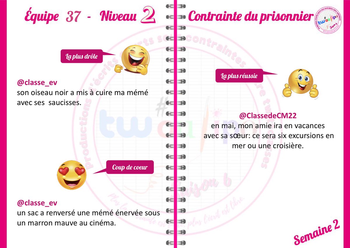 Félicitations aux classes de l’#EQ37 pour cette deuxième semaine. La contrainte du prisonnier n’est pas une contrainte facile. @CM2CdBGutenberg
<a href="/ClassedeCM22/">Classe de CM2</a>
<a href="/CM2StHippolyte/">CM2 StHippolyte</a>
<a href="/CM103LFZ/">CM2-03LFZ</a>
@classe_ev