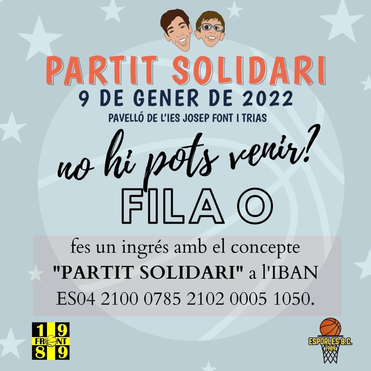 Front1989EBC's tweet photo. Fins dia 31 de gener podeu col·laborar amb en Julià i en Pep, a la Fila 0 del #PartitSolidari. https://t.co/xuMcCjztZi