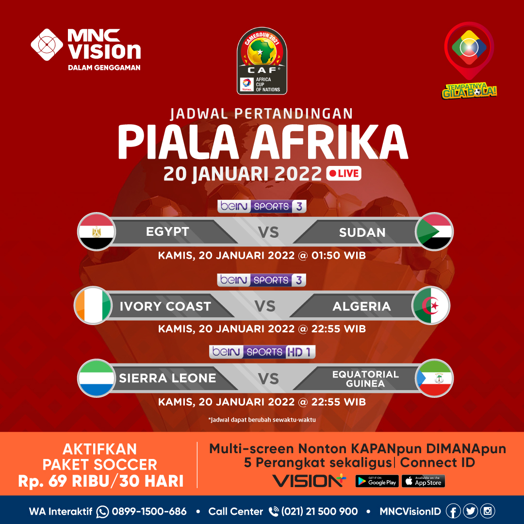 MNCVisionID's tweet photo. 🔥MATCH DAY KE-9 PIALA AFRIKA JANGAN SAMPAI DILEWATKAN🔥

Babak kali ini bakalan seru banget nih, Keluarga Vision!

Saksikan semua pertandingan Piala Afrika Kamis, 20 Januari 2022 secara LIVE di BeinSports 1 &amp; BeinSports 3 hanya di MNC Vision!🤩 https://t.co/qYXOckE3qE
