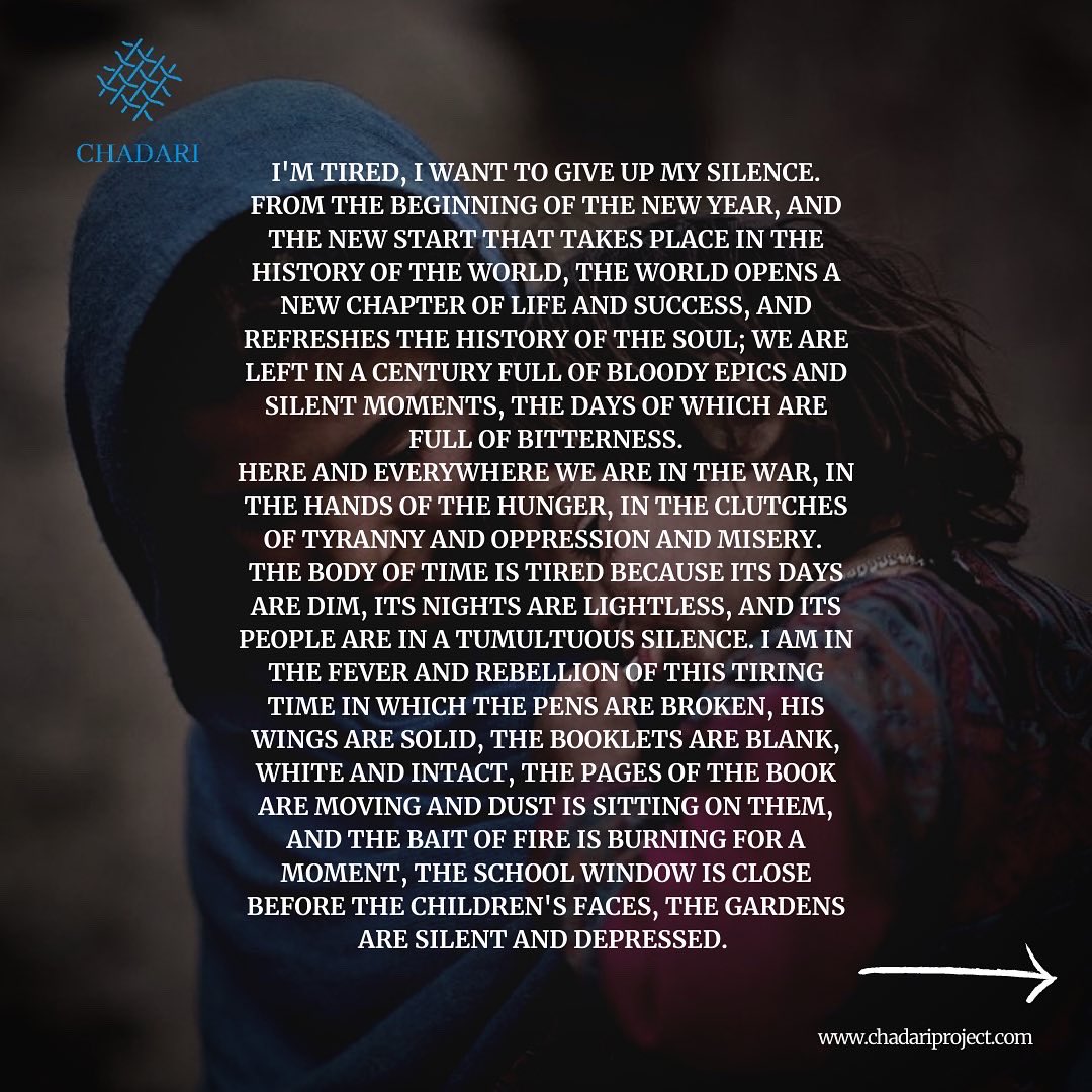 chadariproject's tweet photo. Soman Raufi, an International Relations student from Kabul has shared her thoughts on how the world is changing, but Afghanistan is still in conflict, in the hands of hunger, in the clutches of tyranny and oppression and misery.
#chadariproject #afghanistan #afghanwomen https://t.co/OFugqnHdbS