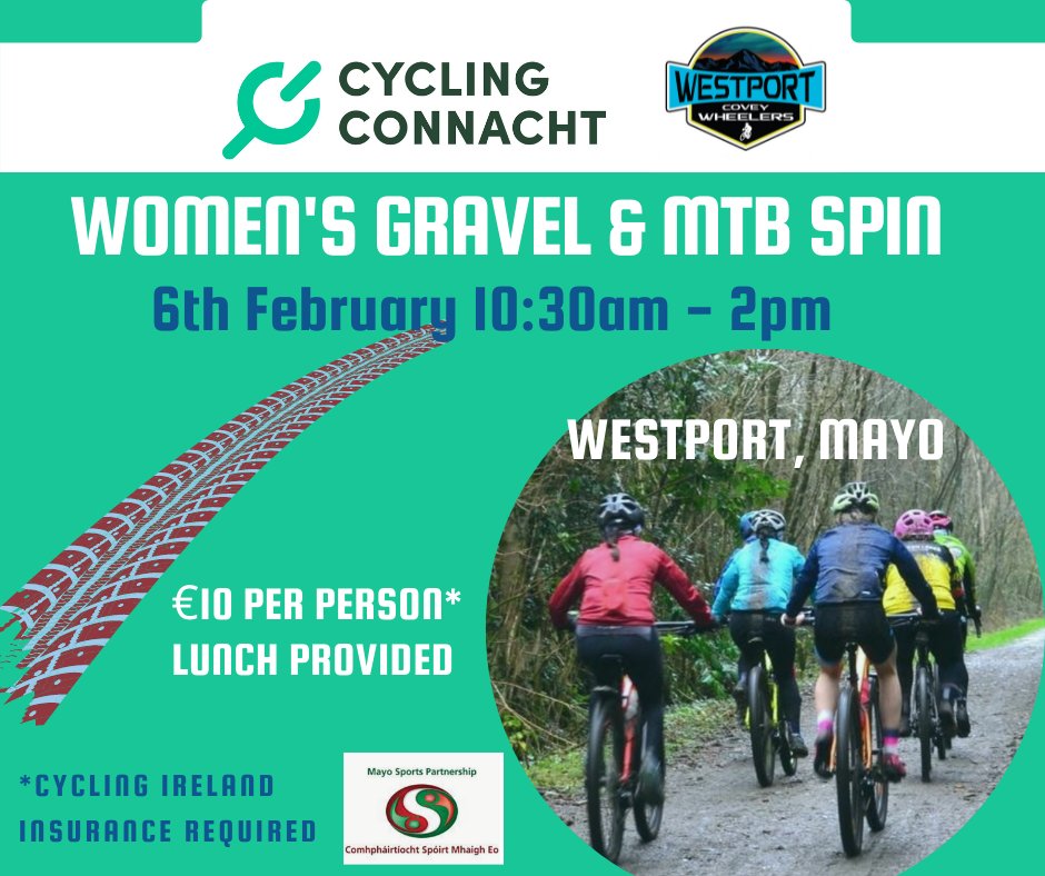 MayoSport1's tweet photo. Women's Gravel and MTB spin in Westport is now live! 
Join us on Sunday 6th February from 10:30am - 2pm for a fabulous spin hosted by Covey Wheelers Westport Cycling Club in partnership with Mayo Sports Partnership. sign up today:
https://t.co/h4KfZcIKoH https://t.co/HPkualceLU