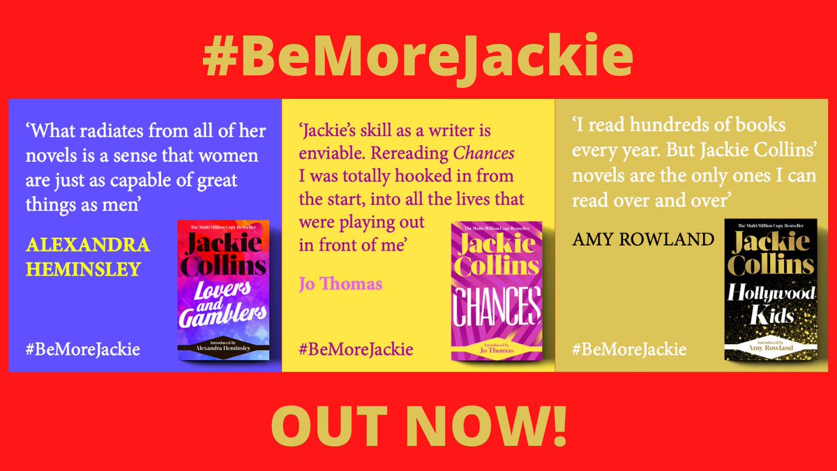 BookMinxSJV's tweet photo. Out TODAY! Brand new paperback editions of @jackiejcollins #LoversAndGamblers, #Chances and #HollywoodKids with intro's from #AlexandraHeminsley @jo_thomas01 & @AmyLysette, available in all good #ChooseBookshops!
https://t.co/gUVMRxrglJ https://t.co/Q4lmgzIGTY