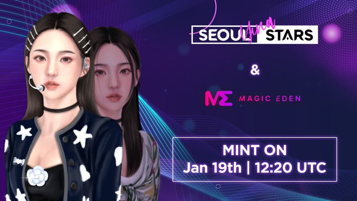 .<a href="/SeoulStarsNFT/">Seoul Stars</a> is launching a little over 1 HOUR @ 12:20PM UTC!

Mint yourself a Gen 2 Yuna NFT to:

🎶 Get access to future albums and concerts in the metaverse
🎶Play the Seoul Stars rhythm and karaoke P2E game to earn $SSTAR tokens

Mint at magiceden.io/launchpad!
