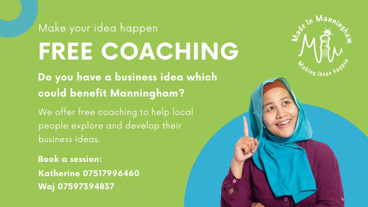MadeInManingham's tweet photo. Do you have a business idea which could benefit the Manningham community? 

Our coaches offer FREE support to local people to develop their ideas. We can help with business planning, finances, marketing &amp; more.

Contact us:
Katherine 07517996460
Waj 07597394837 https://t.co/8ESVN7BRQp