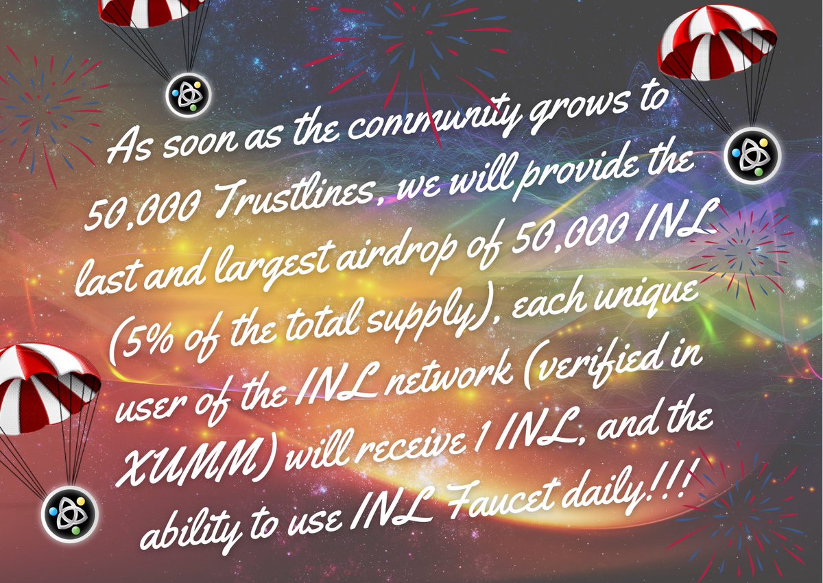 🔥Biggest COMBO #airdrop + #Giveaway #INL🔥

When we will hits 50k Trust Lines  (verified in #XUMM) 
5 lucky Followers will take 20 INL each (~80$XRP) 🥳

🤝 Follow @inlnetwork
💕 Like &amp; Retweet
🍀 Tag friends 
📲  Set TL bit.ly/TrustLineINL

#XRPL #XRPLToken #INL #Metaverse