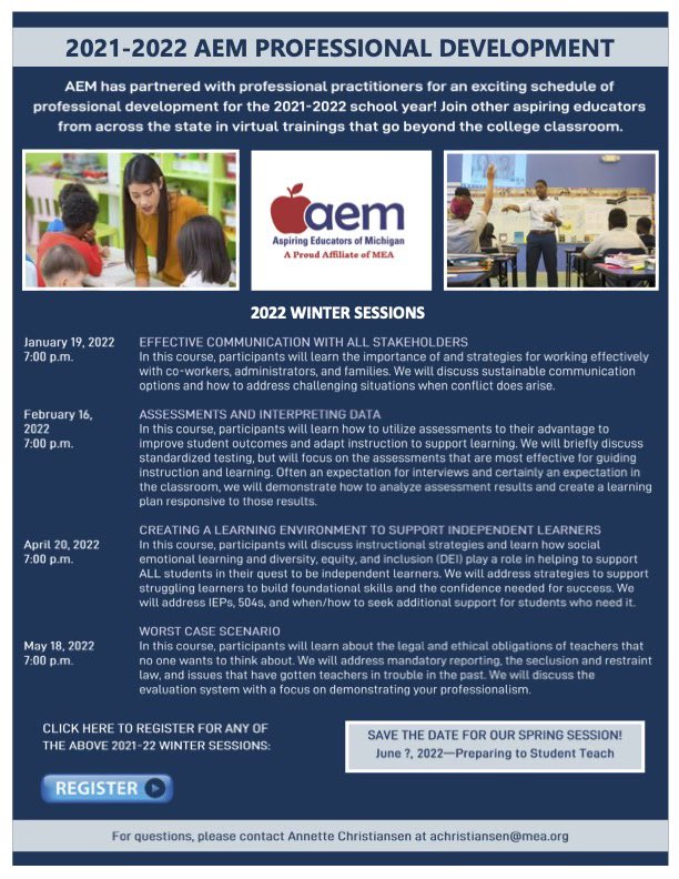 We’re kicking off our winter professional development sessions TONIGHT! Join us at 7pm for a conversation on effective communication with all stakeholders 📢 Register below! #WeAreAEM 

surveymonkey.com/r/WinterPDSess…