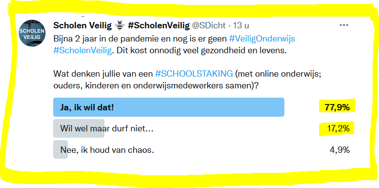 SDicht's tweet photo. 🔊Ruim 95% wil #SCHOOLSTAKING #strike4safeschools!

Wat houdt dat in?
NIET FYSIEK naar school maar WEL ONLINE onderwijs totdat op scholen #VeiligOnderwijs gegeven wordt omdat #ScholenVeilig gemaakt zijn. Dus #EisVeiligOnderwijs dan kunnen #ScholenVeiligOpen. Stop de #Virusplicht. https://t.co/oNvPAwmCj6