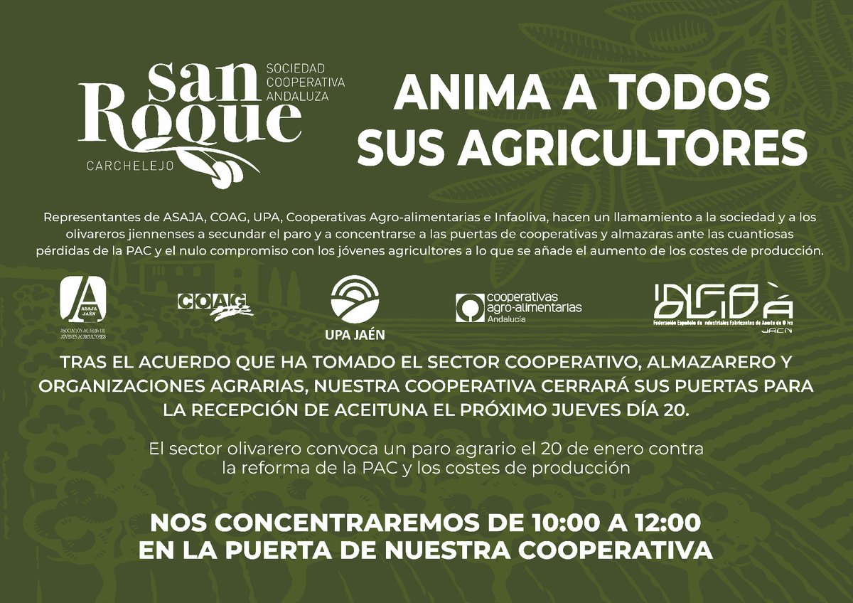 📣📣 ATENCIÓN 📣📣 
CONCENTRACIÓN DE 10:00 H. A 12:00 H. EN LA PUERTA DE NUESTRA COOPERATIVA
Convocado un paro agrario el 20 de enero contra la reforma de la PAC y los costes de producción.