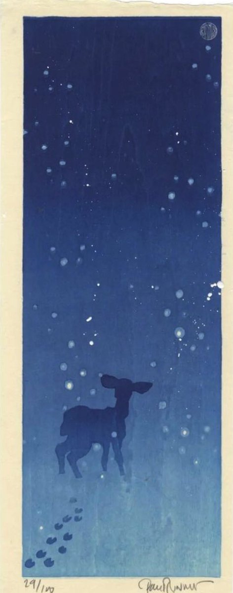 Paul Binnie is a Scottish artist working in the Japanese woodblock tradition. Binnie studied under the master printer of Doi Publisher and was a collector of landscape prints.

In this aizuri-e (blue ink picture), Binnie added drops of white paint to suggest falling snowflakes.