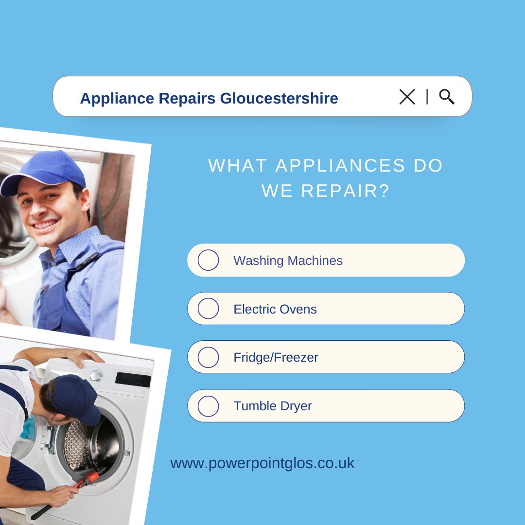 PowerPointGlos's tweet photo. Power Point offer Domestic Appliance Repairs:

�� Dishwasher
🟦 Washing Machine
🟦 Tumble Dryer
🟦 Washer Dryer
🟦 Fridge/ Freezer
🟦 Electric Oven/ Hob
🟦 Cooker Hood 

If you have an appliance that is faulty then give us a call today on 01452 730874😀 👍 

#powerpoint https://t.co/DUCTNvwftV