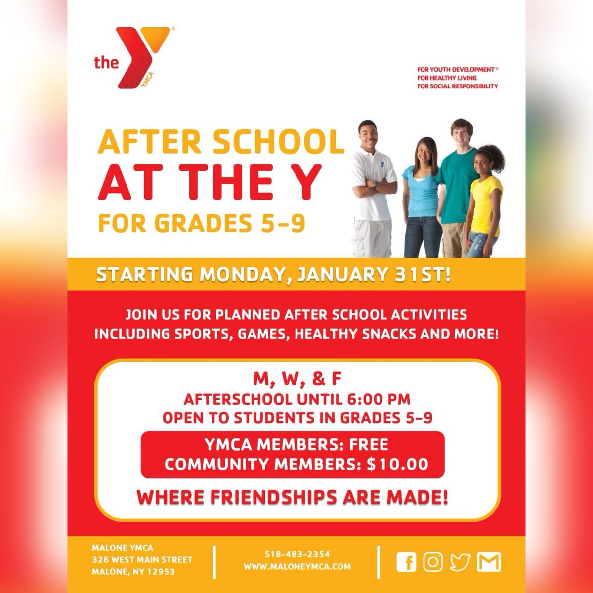 MaloneYmca's tweet photo. After School at the Y will be starting on Monday, January 31st!

The program will be Free for members and $15 for Community members. Financial Assistance is available.

#AfterschoolattheY https://t.co/xGMJe5EfUl