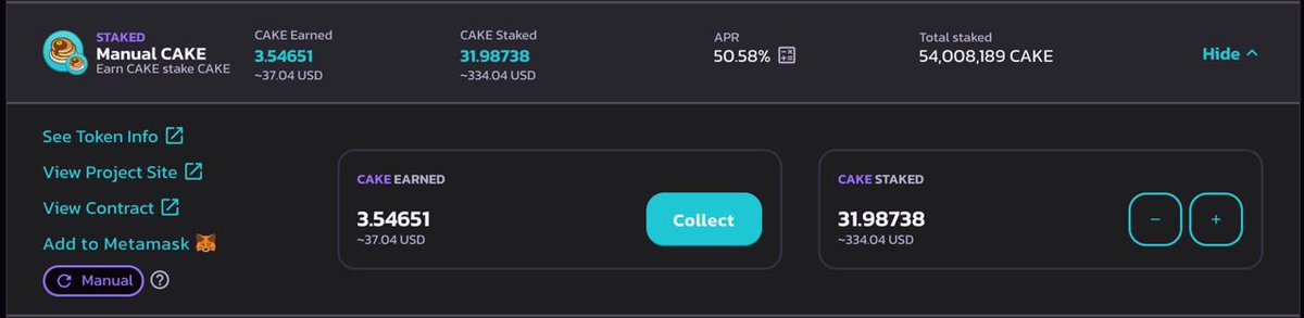 #pancakeswap 
昨年11月4日
611$

現在1月19日
334$+34$=368$

放置😊