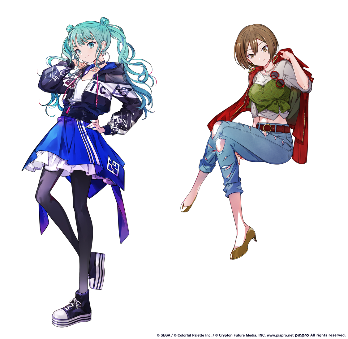 hatsune miku ,meiko (vocaloid) multiple girls 2girls eyewear hang torn pants denim torn jeans jacket  illustration images