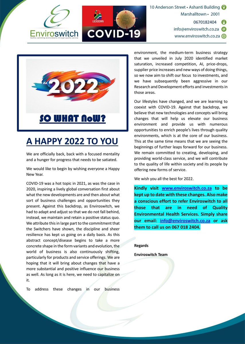 EnviroswitchSA's tweet photo. The past 4 years have been a journey for us and we are so thrilled that we made it into #2022... Don't know who we are and what we're about? Then enjoy our first newsletter for the year #goals #work #push #environmentalhealth #foodsafety #ohs #pestcontrol #Entrepreneurship https://t.co/JDa1vrszRT