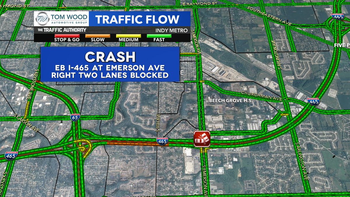 AHardwickWx's tweet photo. CRASH (6:05 AM) >> EB I-465 near Emerson Ave. Right two lanes blocked... Expect delays. #4YourMorning @CBS4Indy @indy_traffic #cbs4indy https://t.co/acIOJCPMTP