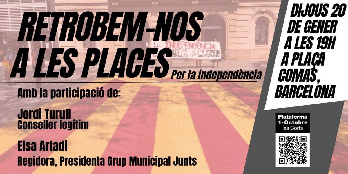 1o_les's tweet photo. 📣 Concentració contra la repressió i per la independència ‼️
🏛Pl Comas
📅 Dijous, 20 de gener
🕣 19 hs
Organitza: @1o_les 
Amb la presència de @jorditurull i @elsa_artadi 
✅ Com cada dijous, us hi esperem !! https://t.co/N6Jt6173Ed