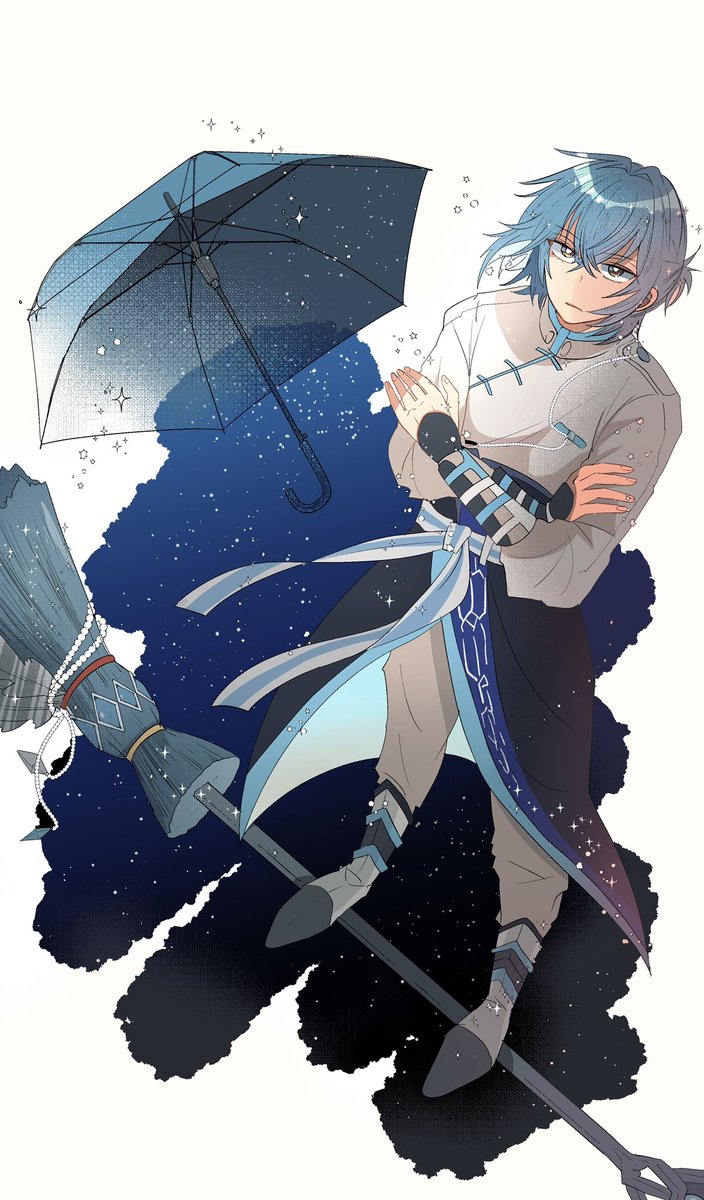 male focus 1boy umbrella blue hair crossed arms solo chinese clothes  illustration images