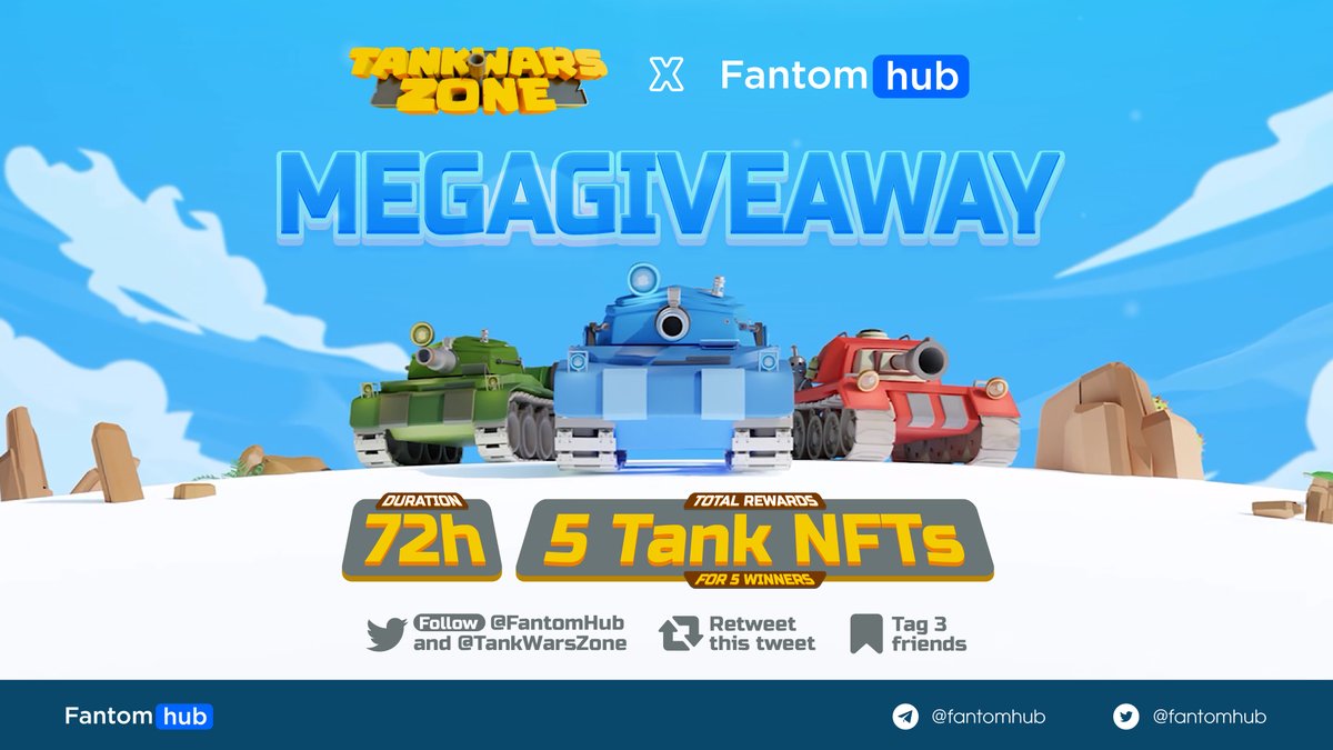 🚀 TankwarsZone x FantomHub MEGAGIVEAWAY 🚀

⏱ Duration: 72h
🎁 Total rewards: 5 Tank NFTs for 5 winners

✅ Term:
- Follow <a href="/TankWarsZone/">Tankwars.zone</a> and @FantomHub
- Retweet this tweet
- Tag 3 friends

#Fantomhub #Fantom #Giveaway $WBOND <a href="/FantomFDN/">Fantom Opera</a>