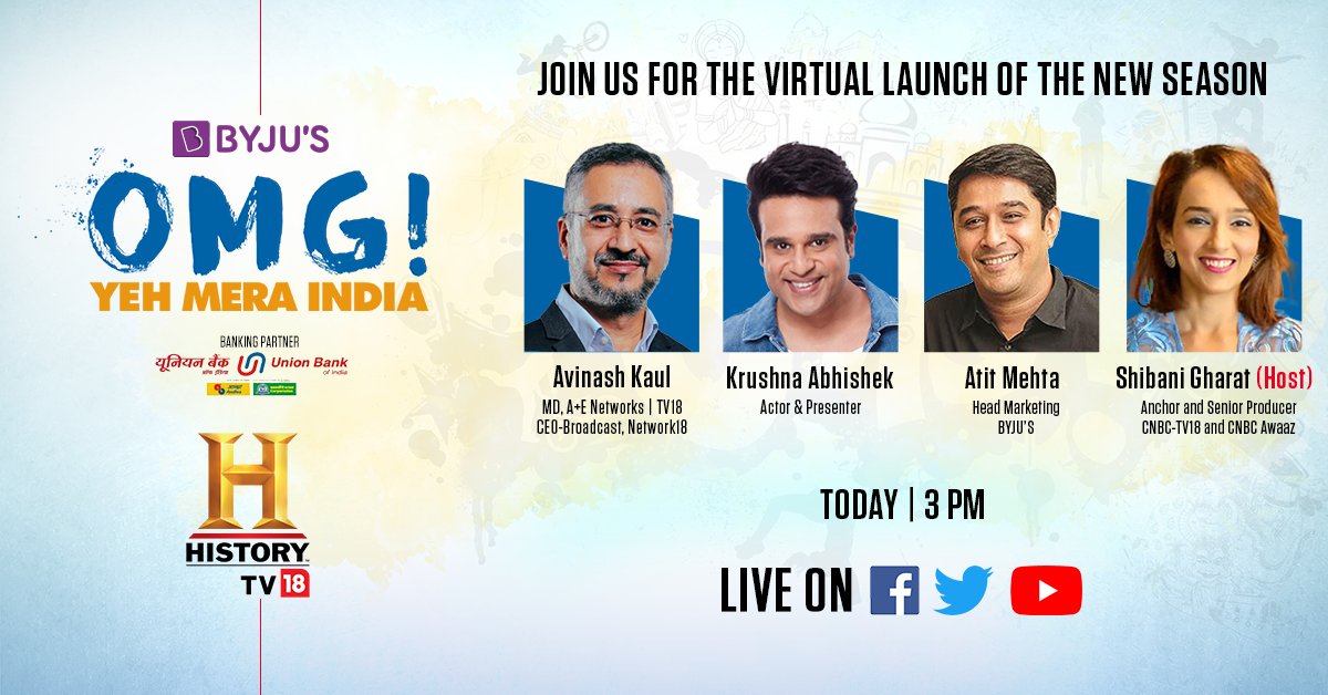 HISTORYTV18's tweet photo. Join @Krushna_KAS and @avikaul for the launch of the new season of BYJU's 'OMG! Yeh Mera India' live today at 3 PM on our Facebook, Twitter &amp; YouTube pages. Hosted by @shibanigharat. Post your questions below now! @BYJUS https://t.co/PVO7FROWYY