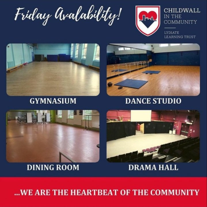 We still have some availability to hire out our facilities on friday! Whether you are a sports team or community group why not contact us now to discuss your ideas! 

We are based at <a href="/Childwall_acad/">Childwall Academy</a>