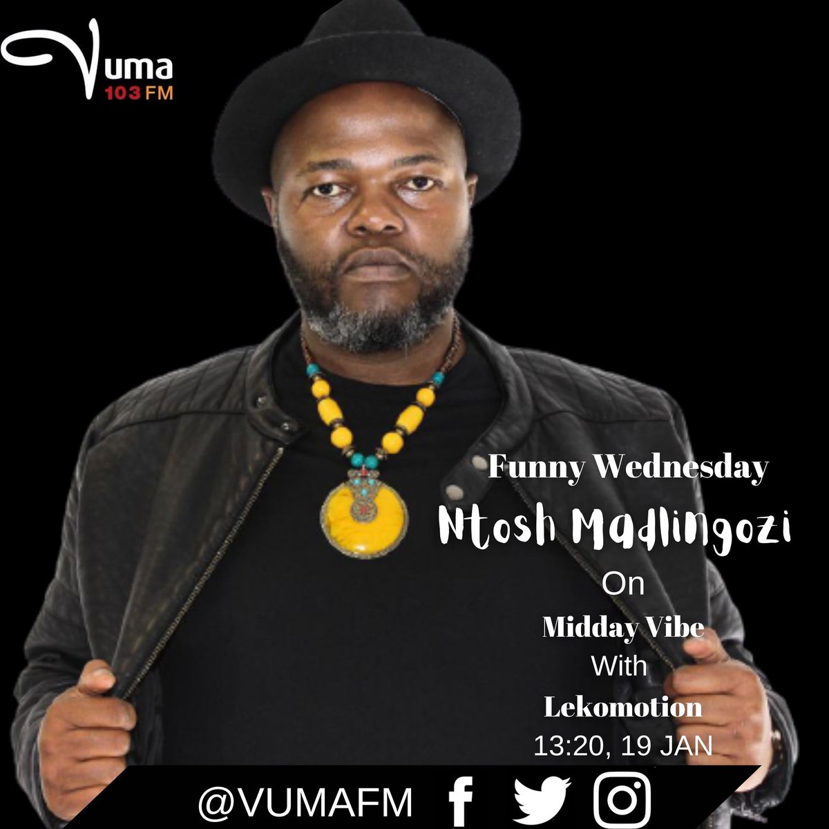 VumaFM's tweet photo. Today on #FunnyWednesday we're joined by Comedian/actor, Ntosh Madlingozi

#MiddayVibe #VumaFM https://t.co/9FsKeHUkWZ