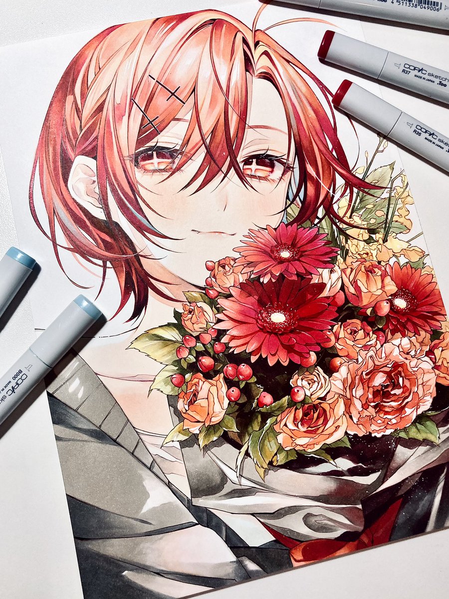 flower solo bouquet red hair short hair looking at viewer traditional media  illustration images