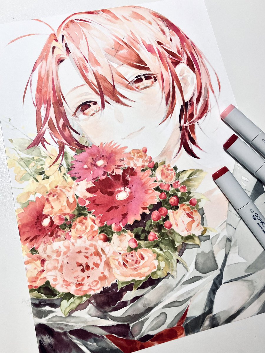 flower solo bouquet red hair short hair looking at viewer traditional media  illustration images