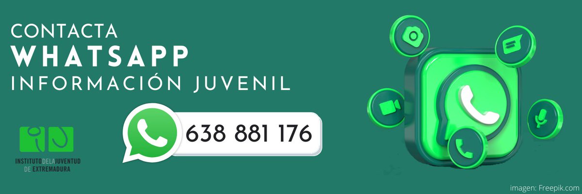 IJExtremadura's tweet photo. Usabas nuestras redes sociales, el teléfono joven o el correo electrónico. Ahora tienes nuestro Whatsapp 6⃣3⃣8⃣8⃣8⃣1⃣1⃣7⃣6⃣ para enviarnos consultas sobre temas relacionados con la juventud. Te contestaremos dentro de nuestros horarios de trabajo. Más en https://t.co/xI8Nl9wT1u https://t.co/yBE8p5KqtI