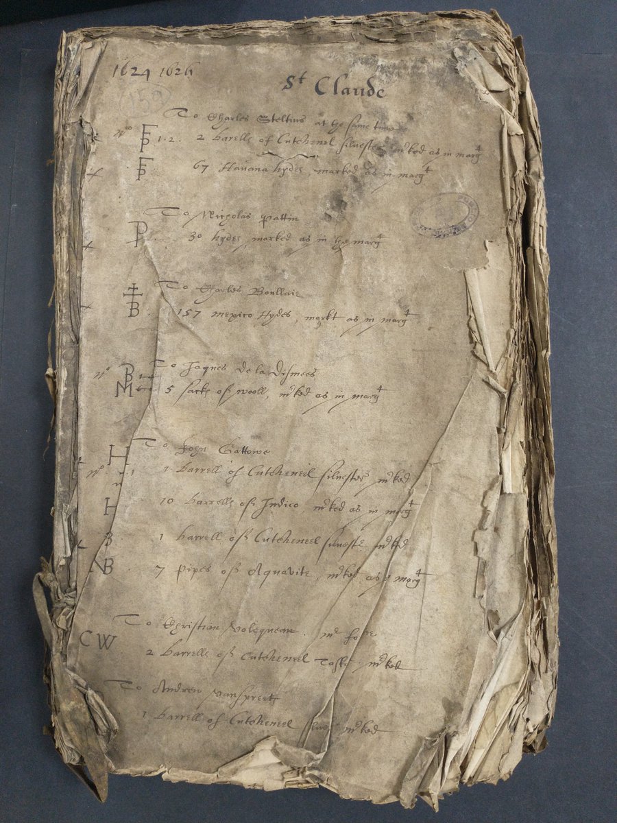 Uncatalogued, filthy High Court of Admiralty records from 1624. Perched atop is a collection of cargo manifests for French and Spanish ships involved in Caribbean trade. 95% of the materials <a href="/UkNatArchives/">The National Archives</a> covering European colonialism and overseas exchange have never been used.