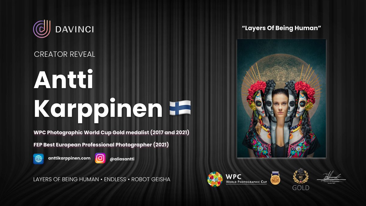 onDaVinciNFT's tweet photo. We couldn't be more proud to start our DaVinci Creator Reveals with the incredibly talented World Cup Photography winner @antti_karppinen. Layers of Being Human and other price winning assets will be sold for the first time during Antti's premier #DaVinci exhibition! https://t.co/mFk4ulmf9u