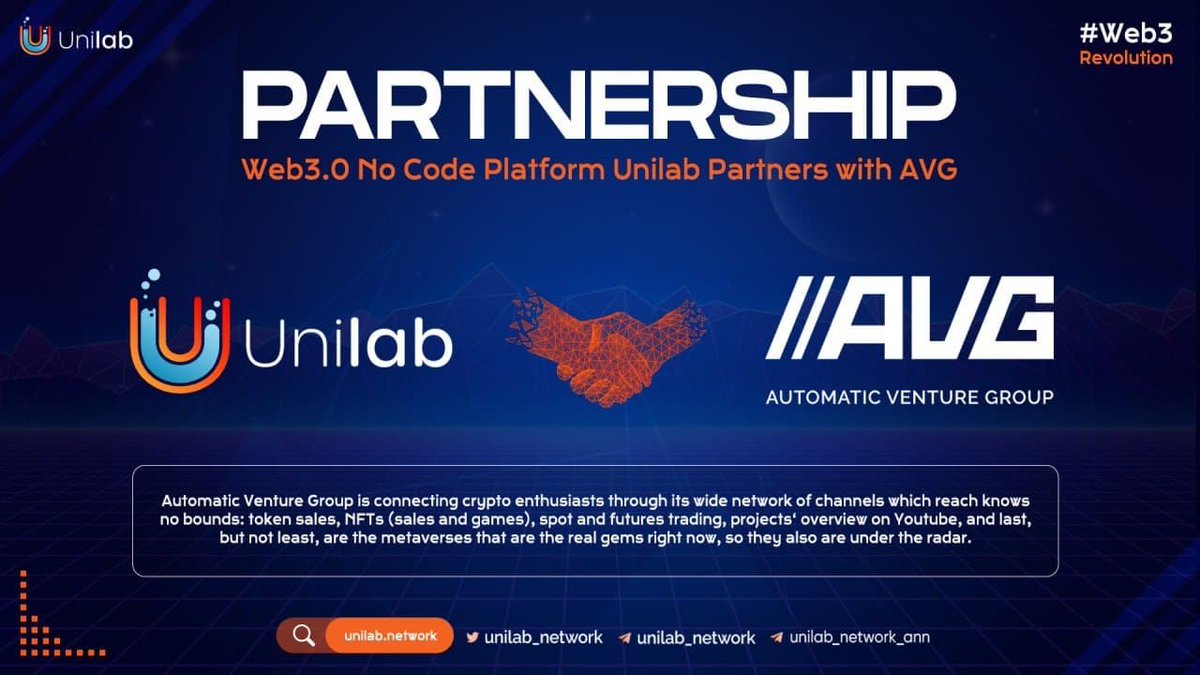 📢 Partnership Announcement 📢

#Unilab welcomes <a href="/AutoVentureGr/">AutoVentureGroup</a> as our partner!🤝

#AVG is an experienced Venture that focuing on connecting crypto enthusiasts through its wide network of connections🕸️

#AVG X #Unilab contest
👉gleam.io/Qyi07/avg-part… 

#BSC #DEFI #WEB3