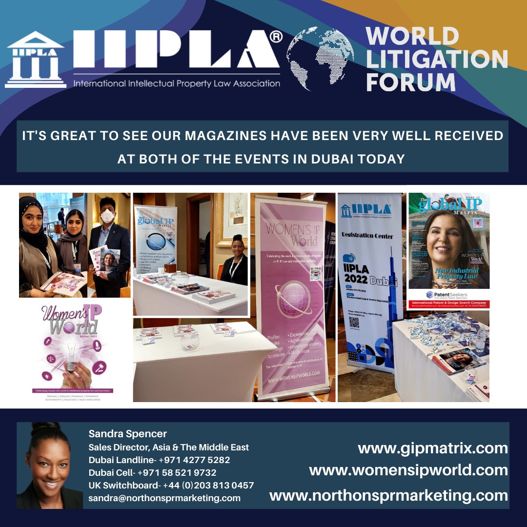 IP_Matrix's tweet photo. Our magazines have been very well received at the IIPLA and the World Litigation Forum today in Dubai. Our Asia & The Middle East Director Sandra Spencer is waiting to speak to you at our booth.
#ipserviceworld #conferences2022 #patents #trademarks #intellectualpropertylaw https://t.co/D7MkUe4Ss7